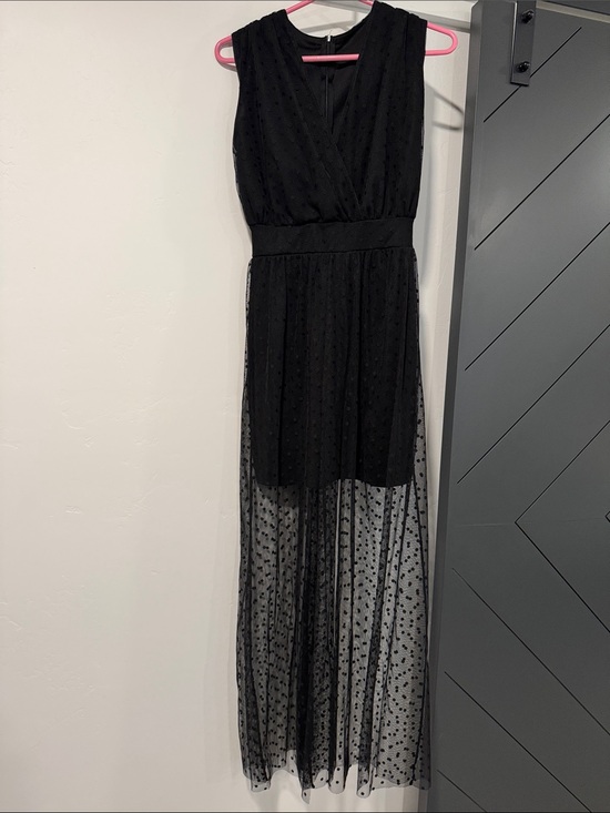 Dresses & Skirts - Elegant Black Maxi Dress with Sheer Dotted Overlay Sz 6